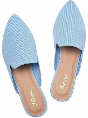 Tilocow Women’s Light Blue Pointed Toe Knit Mule Flats Slip-On Loafers Size 8.5